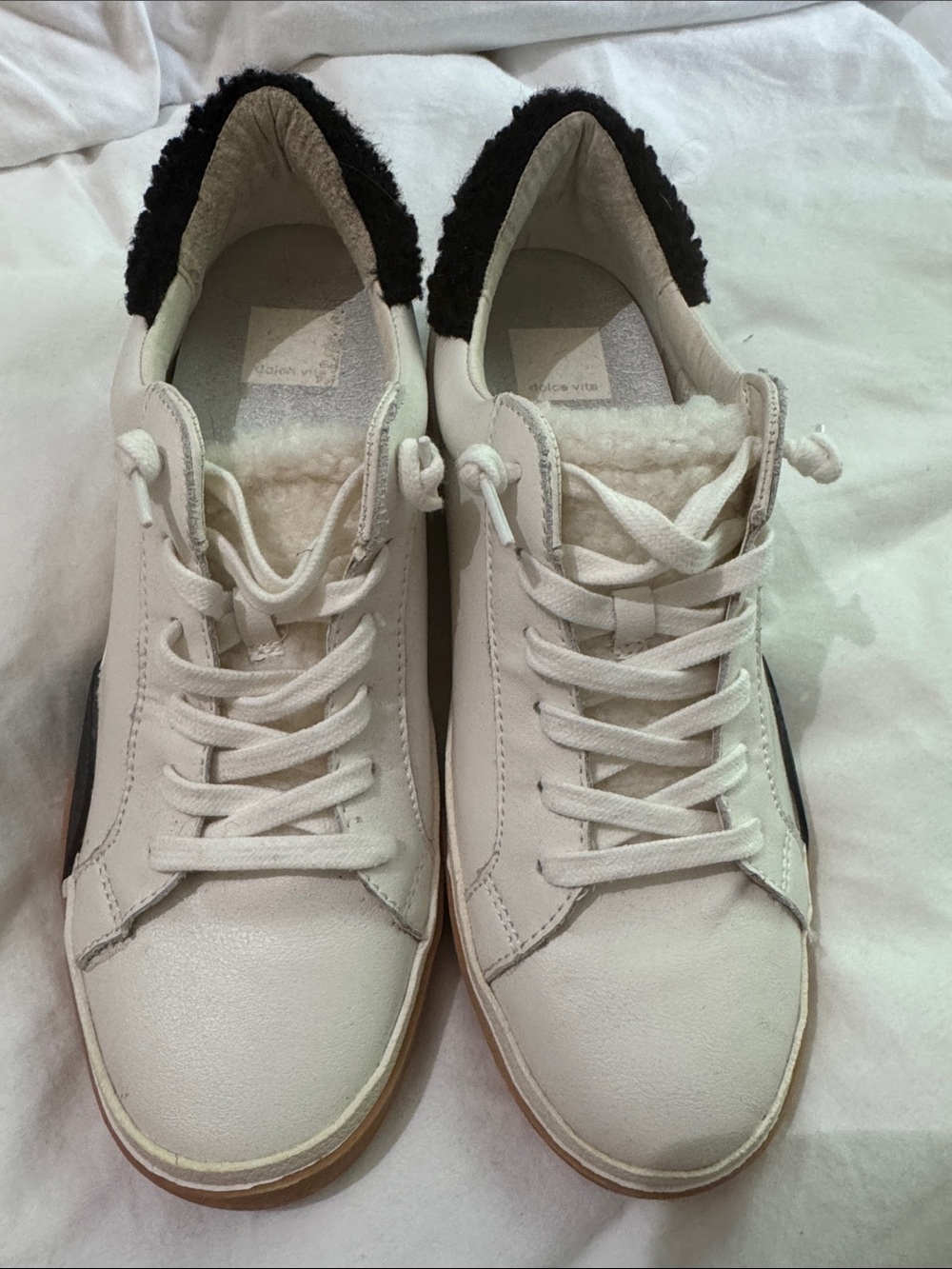 Dolce Vita White Leather Lace-Up Sneakers with Shearling Trim